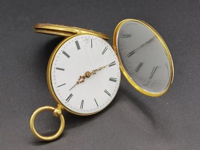 null Yellow gold (750/1000th) gousset watch, white enamelled dial (accidents), Roman...