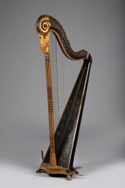 null * Harp in painted and gilded wood, the table with polychrome decoration of flowers...