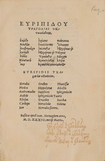 null [16th century book]. EURIPIDES. Euripidis tragoediae octodecim [preceded by...