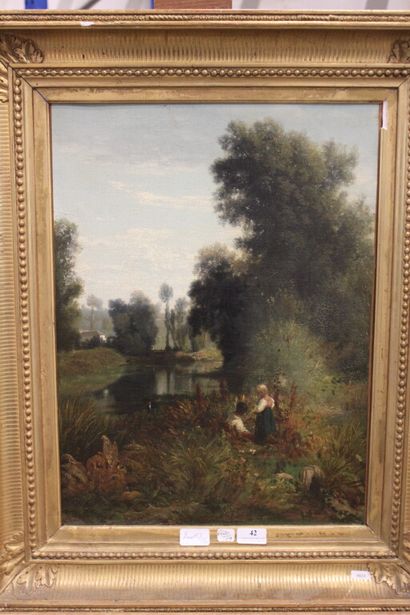 null Ecole du XIXe siècle. 

Jeune couple au bord de l'étang. 

Huile sur toile....