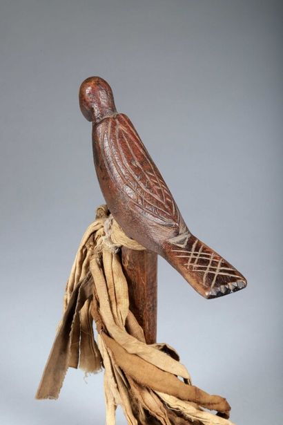 null * Instrument de shaman représentant un oiseau psycho pompe autour duquel sont...