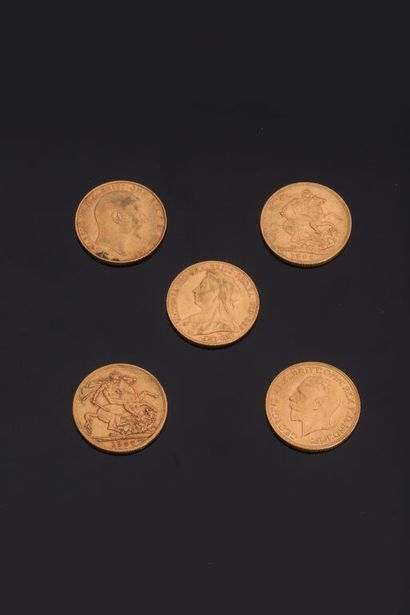 null LOT de 5 souverains en or (917 millièmes) : 1900, 1904, 1907, 1927, 1931. 

Poids...