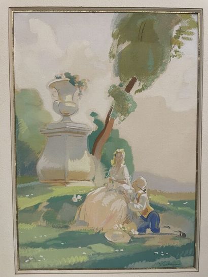 null [Illustrated books XXth]. Gallant couple in a park. Watercolor and gouache on...
