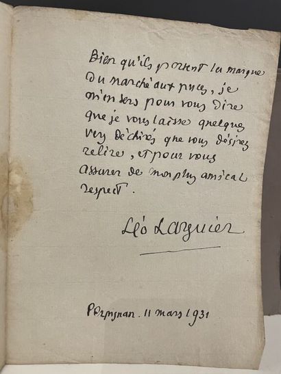 null [Manuscript]. LARGUIER (Léo). Autograph note signed, to a lady and friend. Perpignan,...