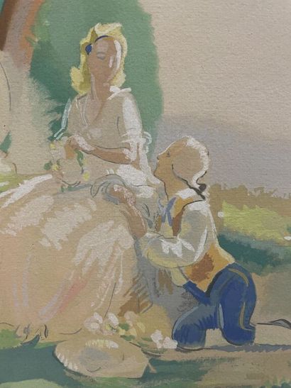 null [Illustrated books XXth]. Gallant couple in a park. Watercolor and gouache on...