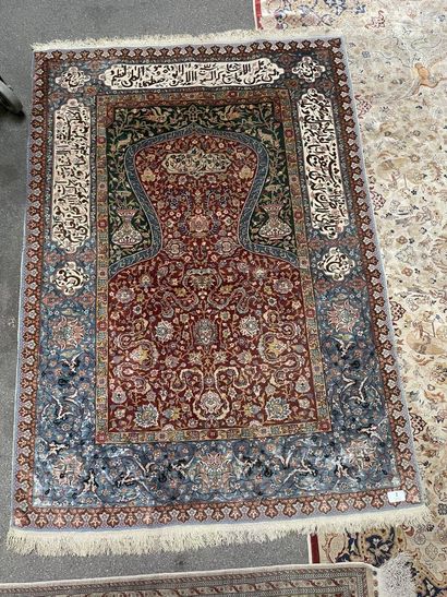 Silk prayer rug with polychrome decoration...
