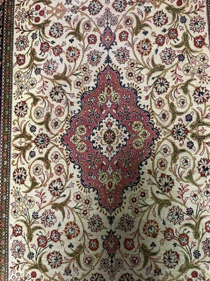 null Pair of silk hallway rugs with polychrome decoration of moving cartouches in...