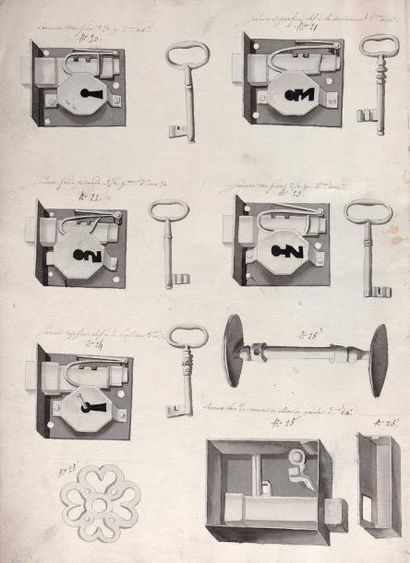 null [Dessins de Serrureries].Serrures. Début du XIXe siècle. Un cahier in-folio....