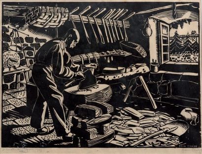 Jean-André CHIEZE Atelier d'un sabotier à Saint-Félicien-en-Vivarais, 1929, bois,...