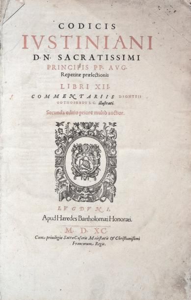 Denis Godefroy Codicis Ivstiniani... Libri XII. Lyon, héritiers de Barthélémy Honoré,...