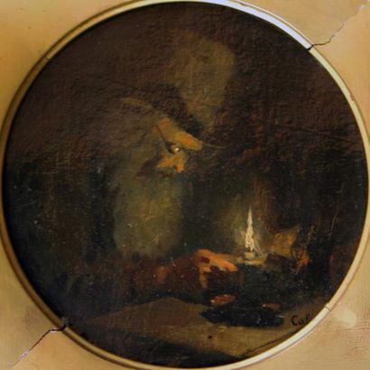 Adolphe Félix CALS (1810 - 1880) Vieil homme à la chandelle. Huile sur toile, signée...