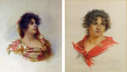 Aurelia DELLA CORTE SZVATEK (XIXe - XXe) Portrait au châle rouge. Portrait au drapé....