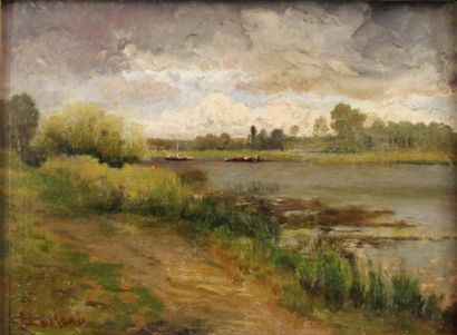 Federico ROSSANO (1835 - 1912) Paysage à la rivière. Huile sur panneau, signée en...