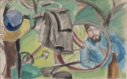 André LOTHE. Le cycliste aux champs, 1914 Aquarelle, signée en haut à gauche. 10,5...