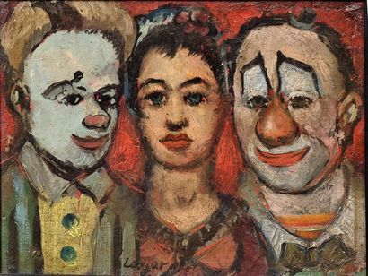 Celso LAGAR (1891-1966) Les trois clowns. Huile sur panneau signé en bas au centre....