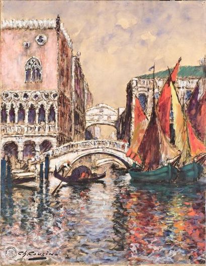 Charles Eugène COUSIN Le pont des soupirs à Venise. Aquarelle gouachée, signée en...