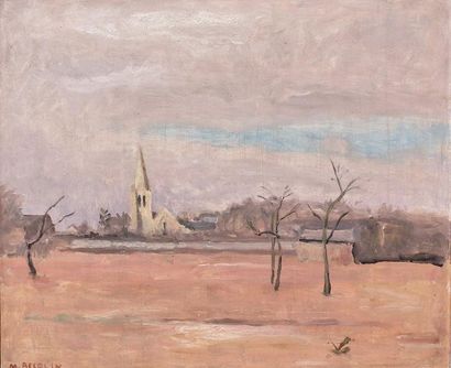 Maurice ASSELIN (1882-1947) Paysage avec église. Huile sur panneau signé en bas à...