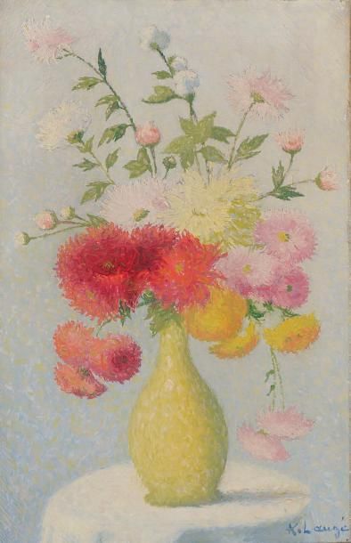 Achille LAUGE (1861-1944) Bouquet de fleurs dans un vase vert. Huile sur toile signée...