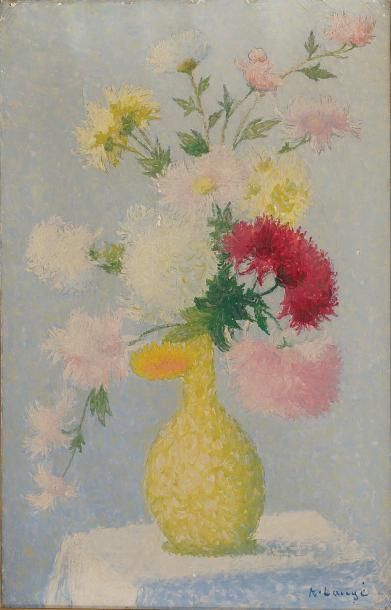 Achille LAUGE (1861-1944) Bouquet de fleurs dans un vase vert. Huile sur toile signée...