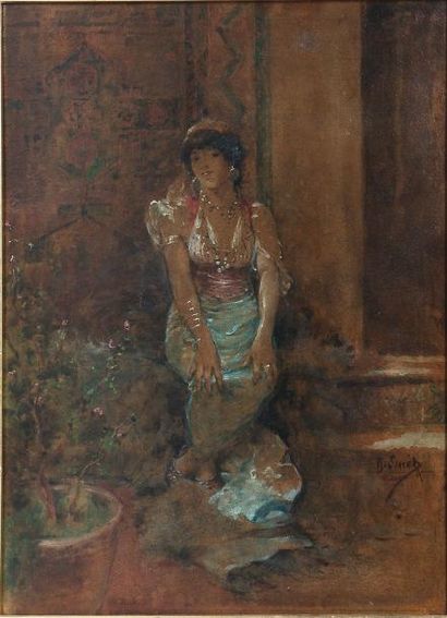 Rafael SENETY PEREZ (1856-1986) L'attente. Huile sur toile, signée en bas à droite....