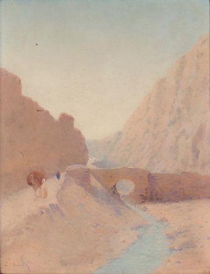 Émile BOIVIN (1846-1920) La route au bord de l'Oued. Huile sur toile signé en bas...