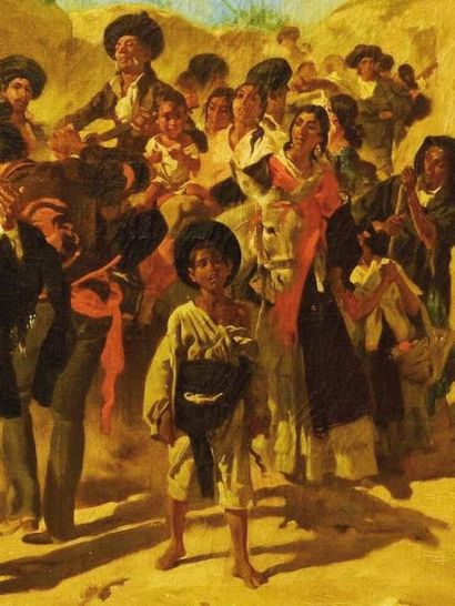 Alfred DEHOD ENCQ (1822-1882) Bohémiens et bohémiennes au retour d'une fête en Andalousie,...