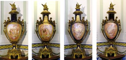 Paris Importante et rare paire de vases balustres et leur couvercle en faïence fine...