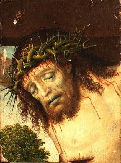 SUD TYROL vers 1480 Le Christ sur la croix. Panneau de chêne, fragment. 22,5 x 17...