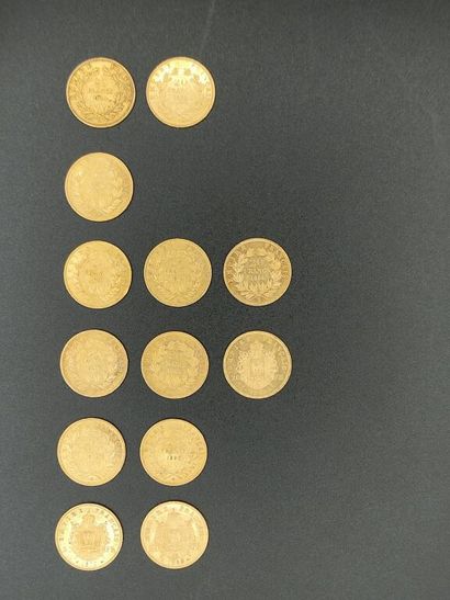 null LOT of 13 gold 20 frs coins 900 mm including: 

- 2 of 1854, Napoleon bareheaded,...
