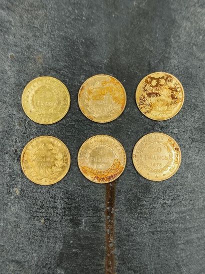 null Ensemble de six pièces de 20 francs en or 900 mm :

- Napoléon tête laurée,...