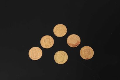 Ensemble de six pièces de 20 francs en or...