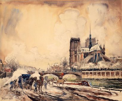 null FRANK-WILL (1900-1951).

Arrière de Notre-Dame et les quais animés sous la neige.

Aquarelle...