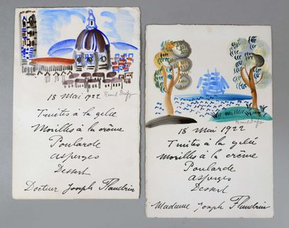 null [Dr. Joseph Flandrin]. Raoul DUFY (1877-1953) peintre. Ensemble de 2 menus signés...