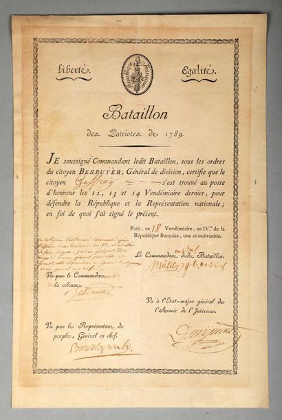null BONAPARTE (Napoléon) (1769-1821). Certificat signé « Buonaparte » en faveur...