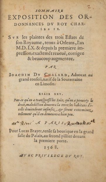  [Livre du XVIe siècle]. DU CHALARD (Joachim). Sommaire exposition des ordonnances...