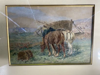 null École du XXe siècle.

La charrette.

Aquarelle sur papier.

Porte une signature...