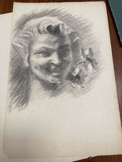null École française vers 1900.

Deux dessins : tête de faune et portrait de jeune...