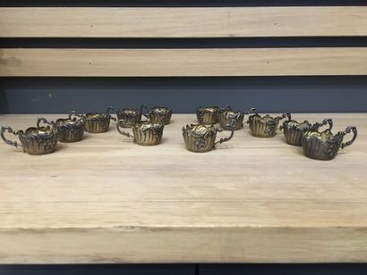 null Series of 12 coffee cup holders with handle in silver and gilded silver 950...