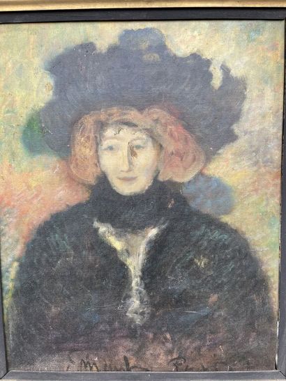 null School of the XXth century.

Portrait of a woman with a hat.

Oil on canvas.

61...