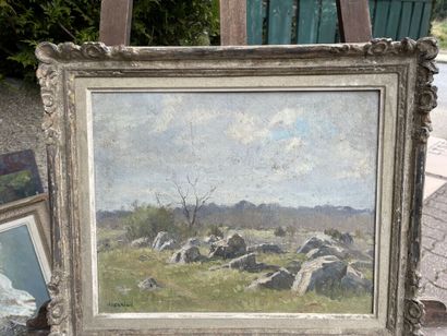 null French school of the XXth century.

Rocky landscape.

Oil on wood panel.

Bears...