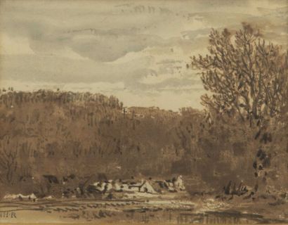 null Theodore ROUSSEAU (1812-1867).

Hameau au bord du bois.

Plume et encre brune,...