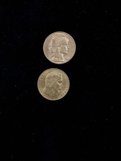  [France]. 2 coins 20 FRANCS in gold (900 thousandths) : 
- Napoleon III bare head,...