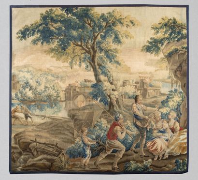  AUBUSSON. 
Fragment of tapestry in wool and silk representing the return of fishing....