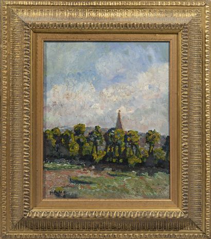 null Pierre-Edmond PERADON (1893-1931).

Bell tower behind a bunch of trees.

Oil...