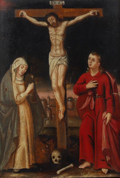  École FLAMANDE vers 1600. 
La Crucifixion entre la Vierge et saint Jean. 
Panneau...