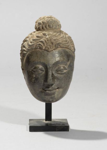 null In the style of GANDHARA.

Buddha head in patinated stucco, wavy hair surmounted...