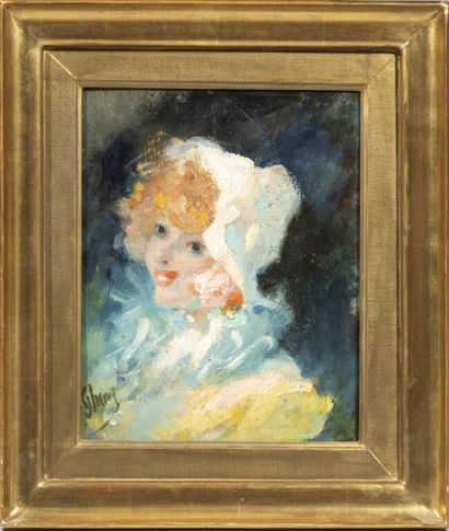  Jules CHERET (1836-1932). 
Jeune femme au chapeau fleuri, riant. 
Huile sur toile....