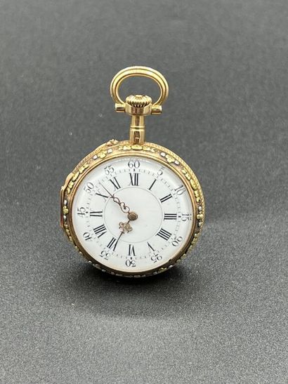 null 750 mm gold three-tone pocket watch, white enameled dial, black painted numerals,...