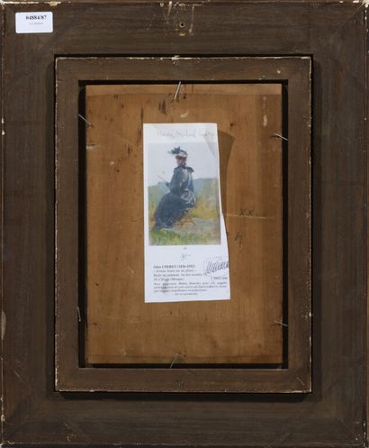  Jules CHERET (1836-1932). 
Femme lisant sur un pliant. 
Huile sur panneau. 
28,5...