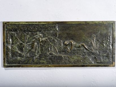  Rectangular bas-relief in bronze with green shaded patina representing Narcissus...